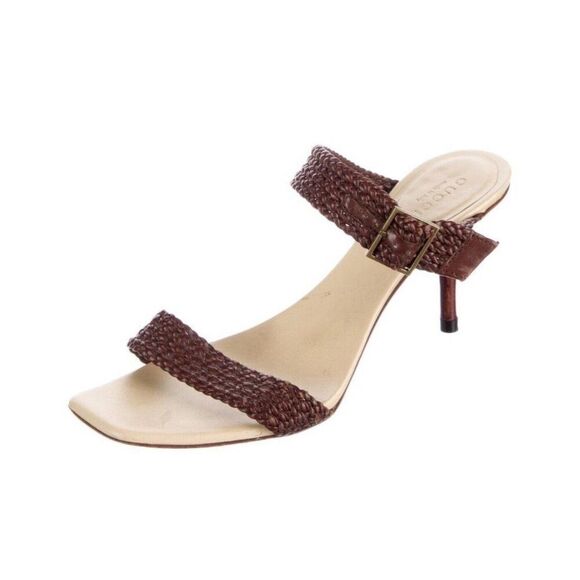 Gucci Authentic Brown Beige Leather Braided Medium Heel Sandals Slides 7 C - Picture 2 of 8